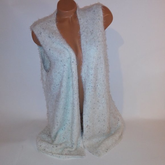 CJ Banks Cardigan Sweater Vest X 14 W Fuzzy Cream Colorful Speckles Sleeveless P - Picture 2 of 10